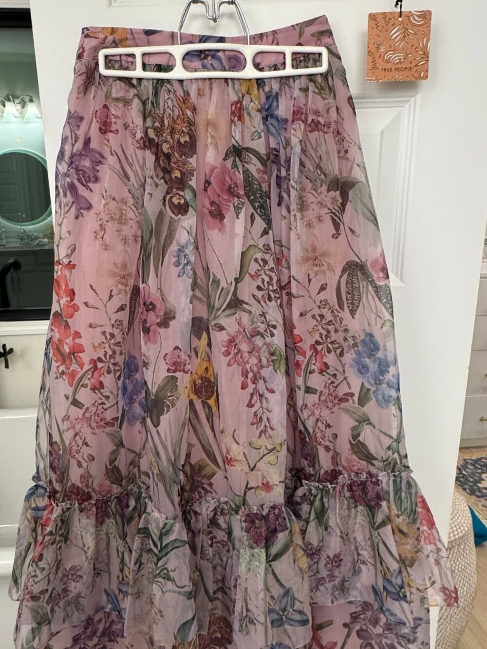 NWT Geisha Designs Anthropologie Sheer Floral Orchid Ruffle Hem Midi Skirt Pink